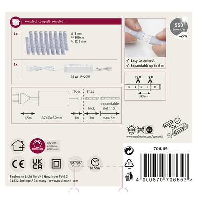 Emballage pour ensemble d'éclairage ; contient câble, bande LED, alimentation. Compatible avec extension jusqu'à 6 m. Dimensions et symboles présentés.