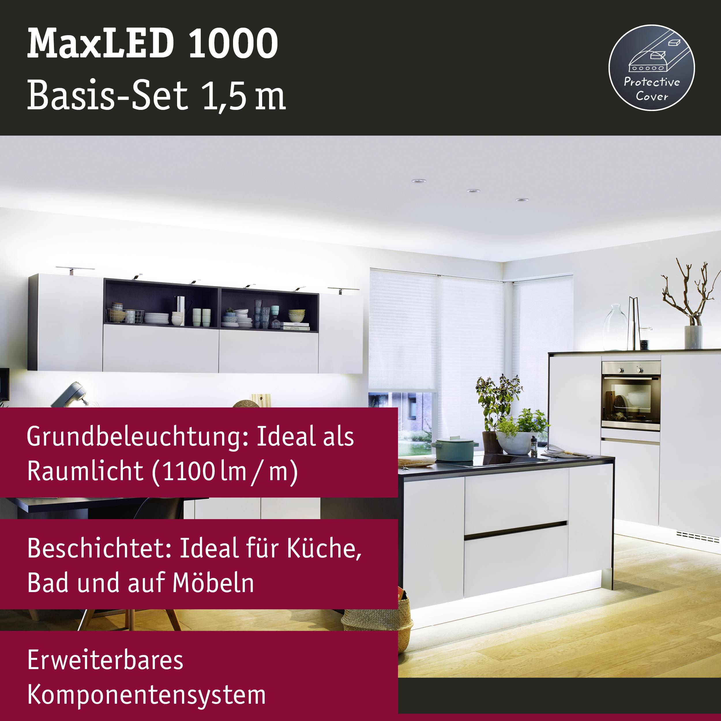 Voici la traduction en français :<br><br>'Ensemble de base MaxLED 1000 1,5 m' Publicité. Cuisine avec éclairage LED, information produit : '1100 lm/m', idéal pour la cuisine, la salle de bain et les meubles.