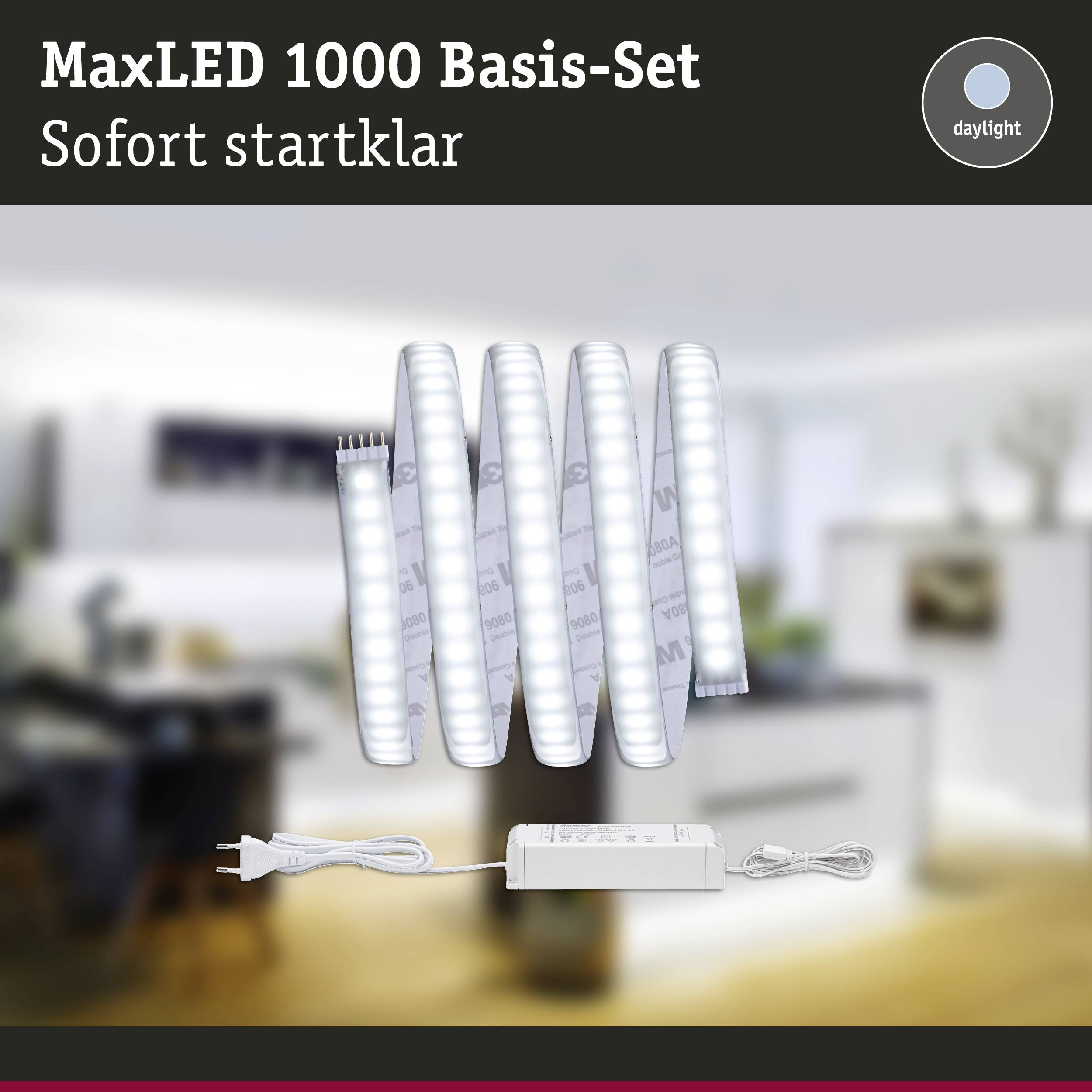 'MaxLED 1000 Ensemble de Base : Prêt à l'emploi.' Ensemble de bandes lumineuses avec transformateur, adapté à un éclairage immédiat, pour l'intérieur.