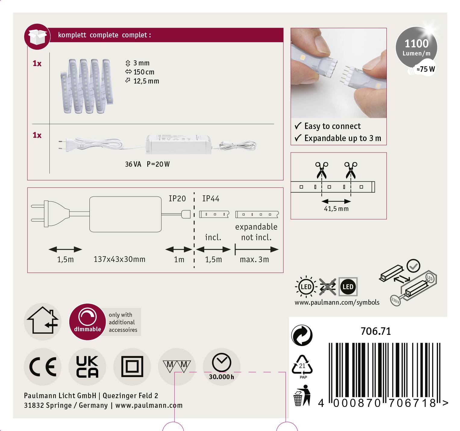'Paulmann Ensemble LED, 6x Spots de 3W, 36VA, IP44, variable. Facile à connecter, extensible jusqu'à 3m. 1100 lumens, blanc chaud.'