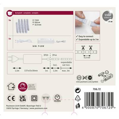 Emballage d'éclairage LED Paulmann : Comprend un kit de connexion, driver 36 VA, longueur 150 cm, modulable, avec options de montage et variabilité de l'intensité lumineuse. IP44.