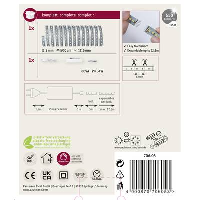 Kit complet : 550 cm de bande LED, extensible jusqu'à 12,5 m. Comprend l'alimentation (60 VA, P=34 W). Emballage sans plastique. Informations produit et pictogrammes.