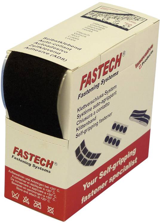 Rouleau à fermeture auto-agrippante autocollante de Fastech dans son emballage. Les textes sur la boîte décrivent le produit.