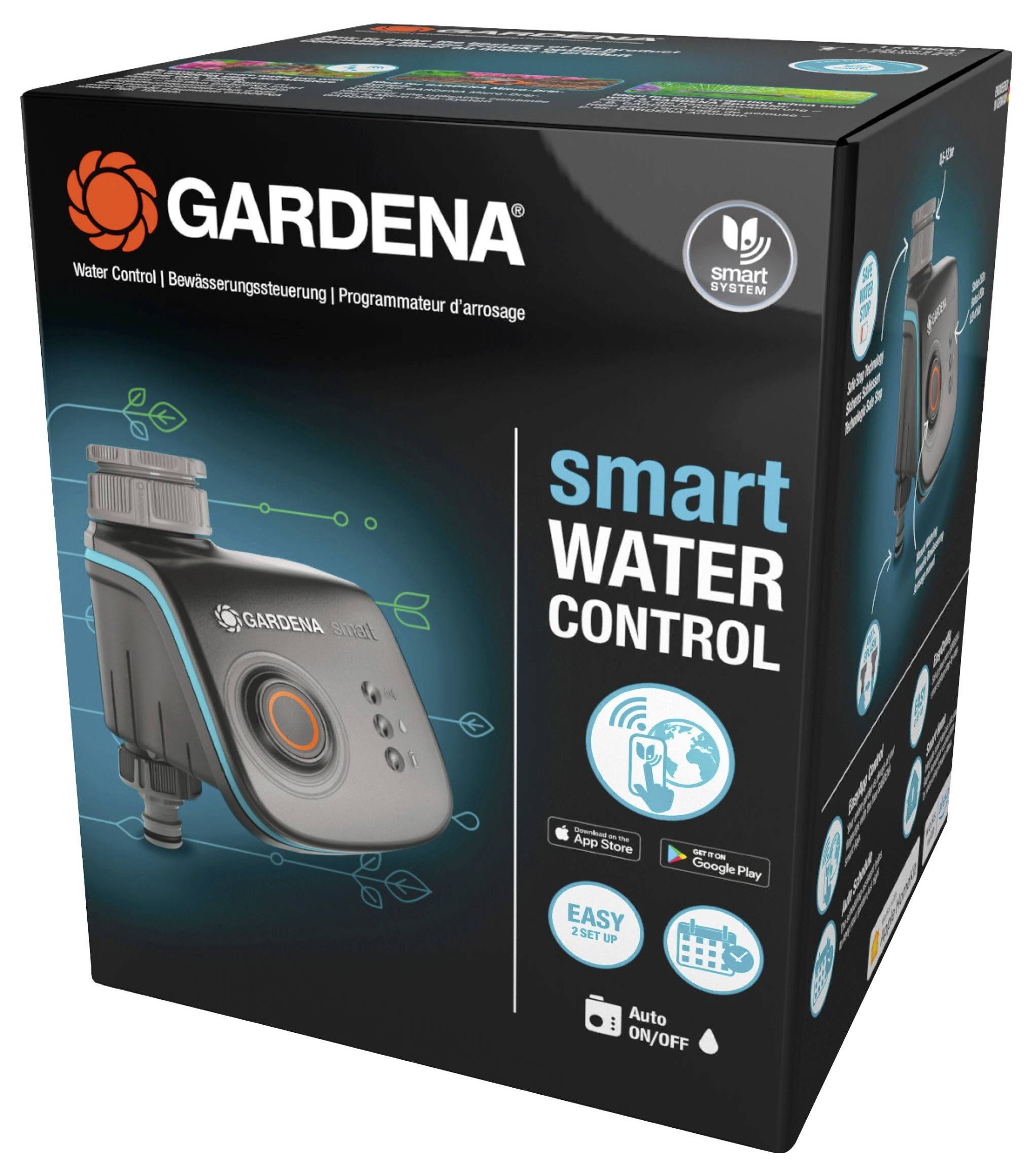 Emballage d'un dispositif Gardena Smart Water Control. Présente l'image du produit, la compatibilité avec l'application et évoque l'arrosage automatique.