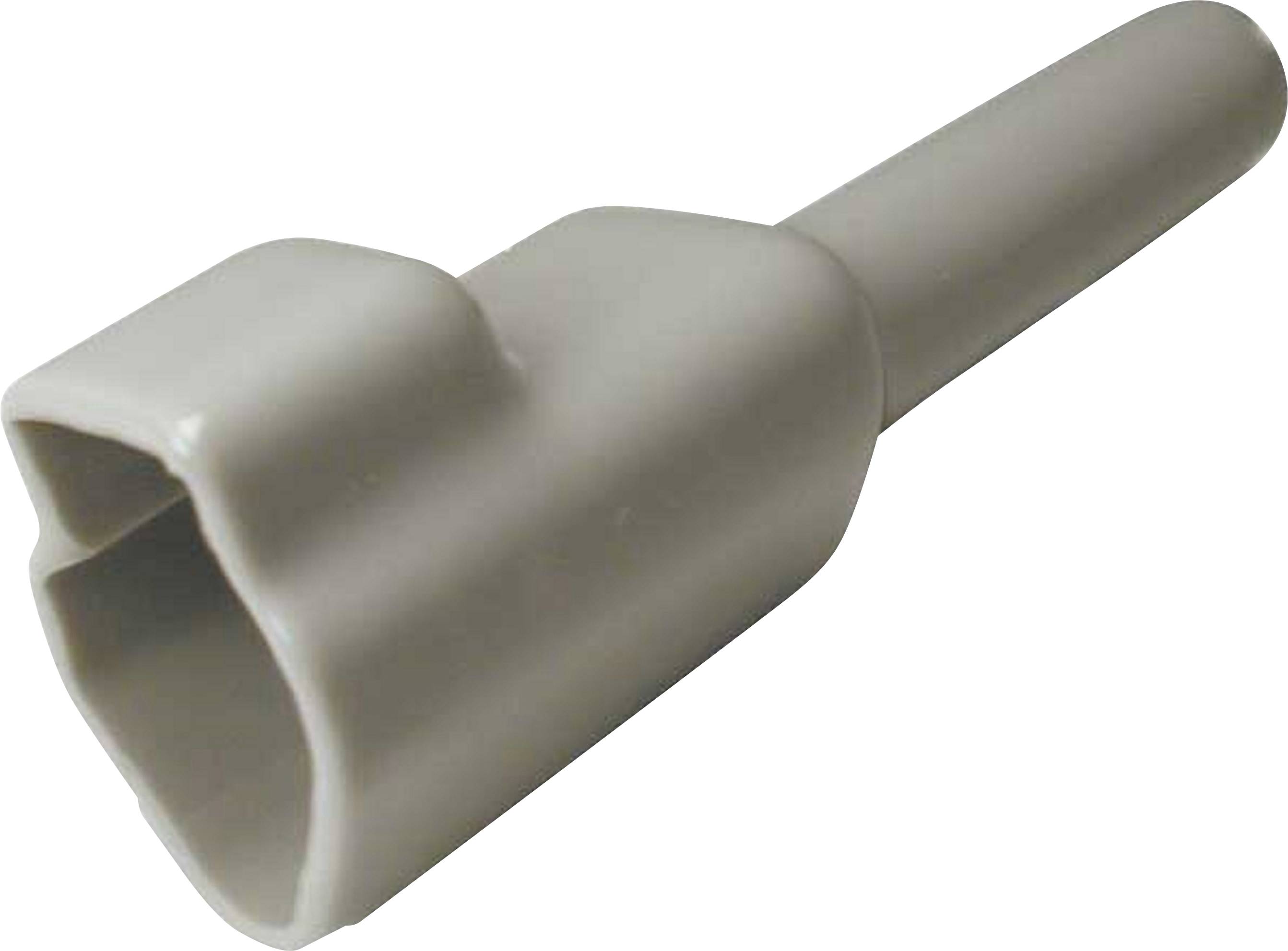 Connecteur en plastique gris avec pointe arrondie et raccordement rectangulaire. Utilisé pour les connexions électriques.