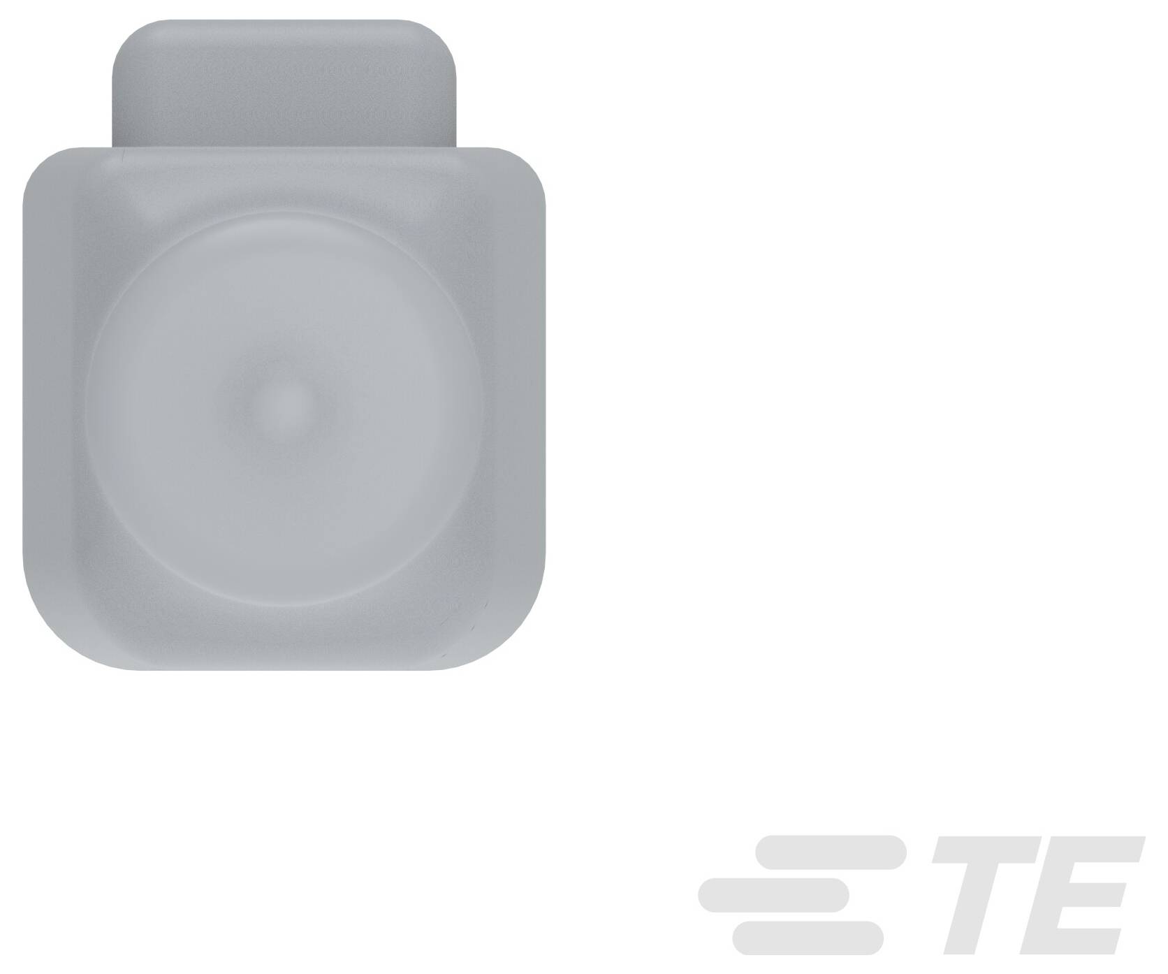 Un objet carré gris aux bords arrondis et au centre circulaire. Le logo TE est faiblement visible dans le coin inférieur droit.