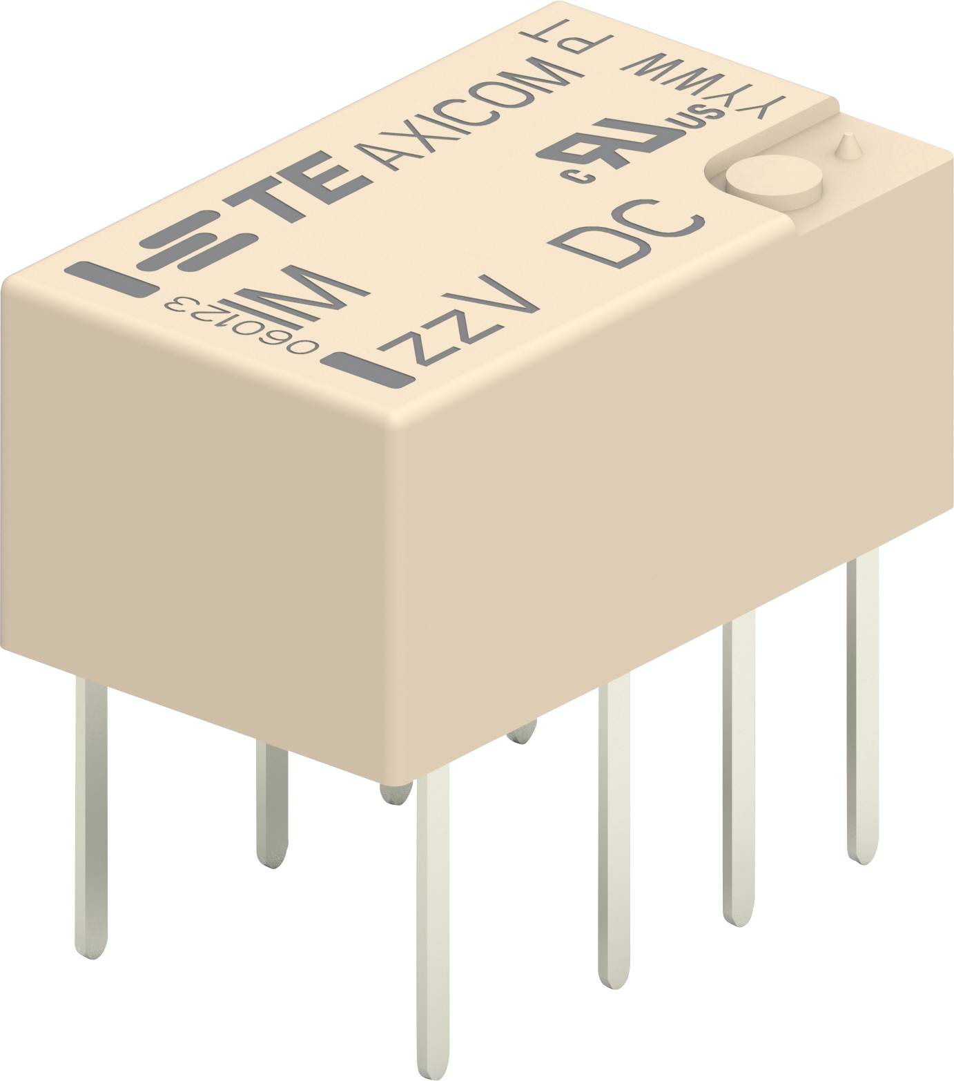 'Composant électronique rectangulaire (relais) avec plusieurs broches métalliques pour montage sur circuit imprimé, inscription : TYPE MI, TE AXICOM.'