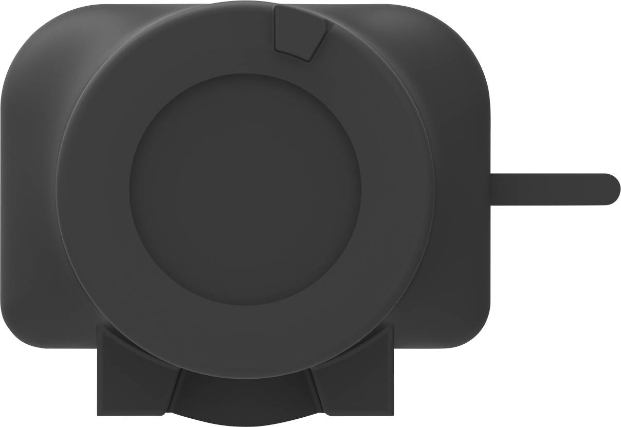 Un adaptateur noir, rectangulaire, avec une forme centrale arrondie et une fiche saillante sur le côté droit.