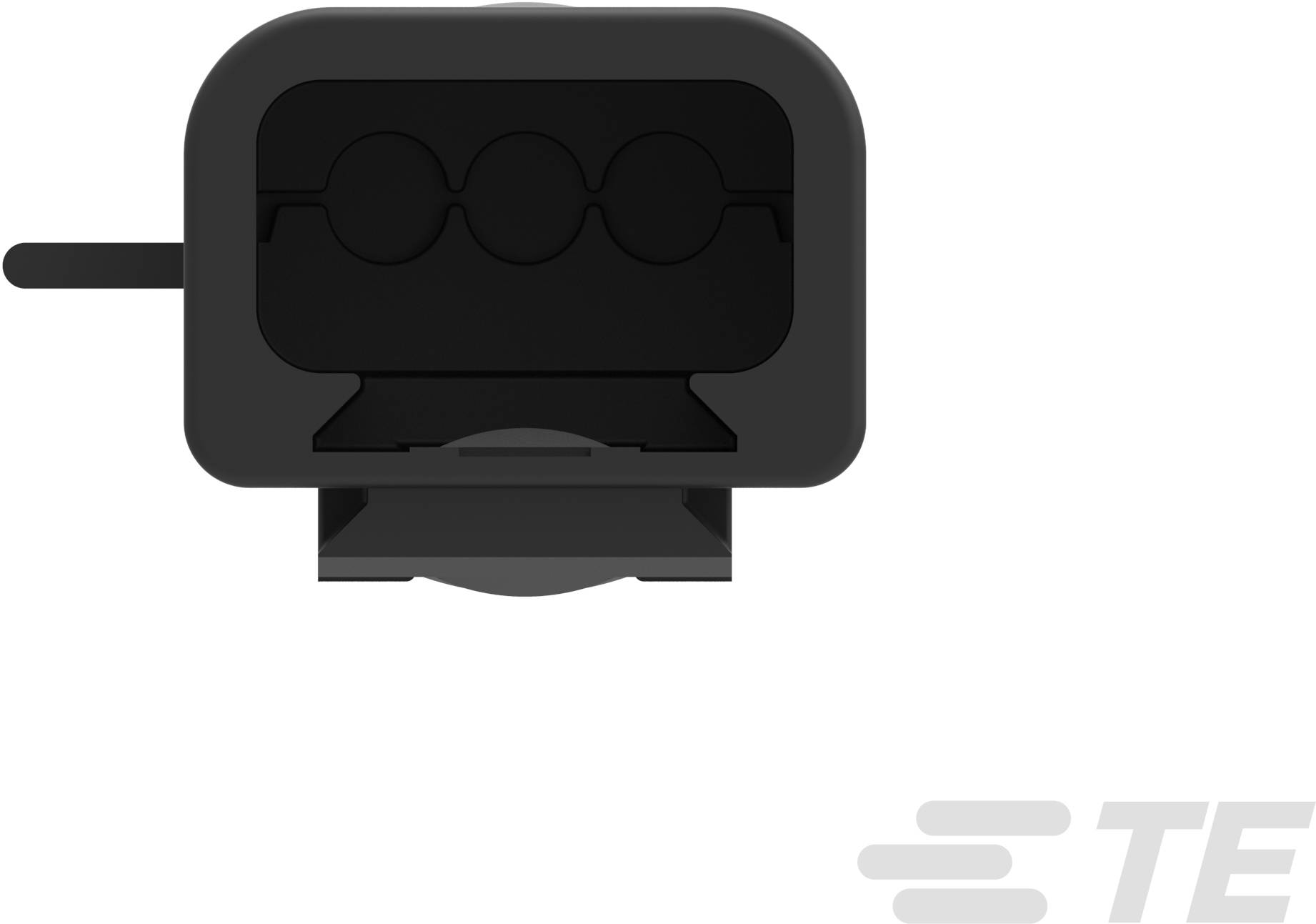 Connecteur rectangulaire noir avec trois bornes rondes, connexion latérale du câble ; un logo flou situé en bas à droite.