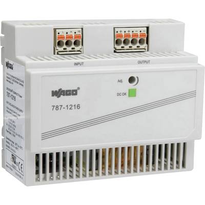 Alimentation en courant continu dans un boîtier gris, avec des connexions d'entrée et de sortie en haut. Numéro de modèle '787-1216'. Le voyant LED s'allume en vert pour indiquer 'DC OK'.