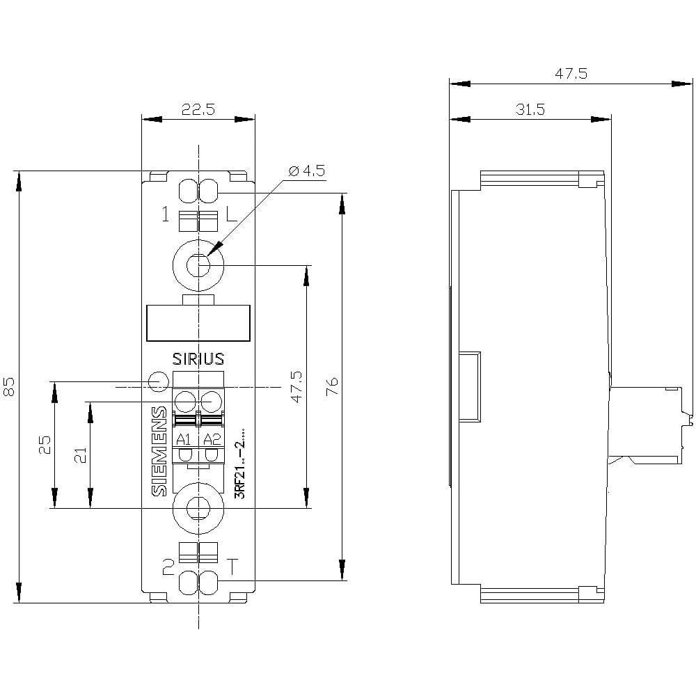 Dessin technique d'un appareil Siemens SIRIUS avec vue de face et vue latérale. Les dimensions sont indiquées en millimètres. Comprend les connexions et les étiquettes.