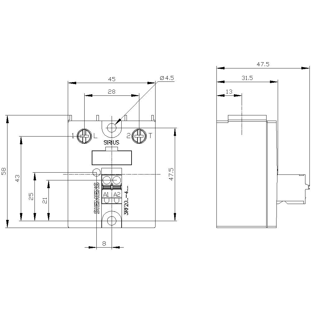 Dessin technique d'un appareil de commutation électrique. Présente les vues de face et de côté avec des dimensions en millimètres.