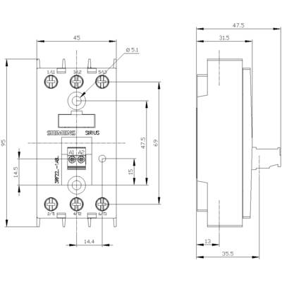 Dessin technique d'un contacteur Siemens Sirius avec des dimensions précises en millimètres ; présente des vues de face et de profil.