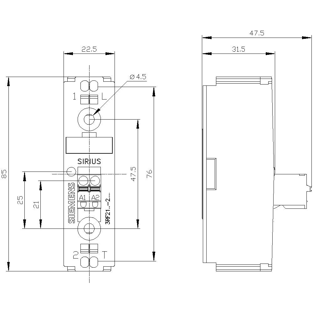Dessin technique d'un interrupteur Siemens Sirius avec cotes en millimètres. Vue de face et vue latérale.