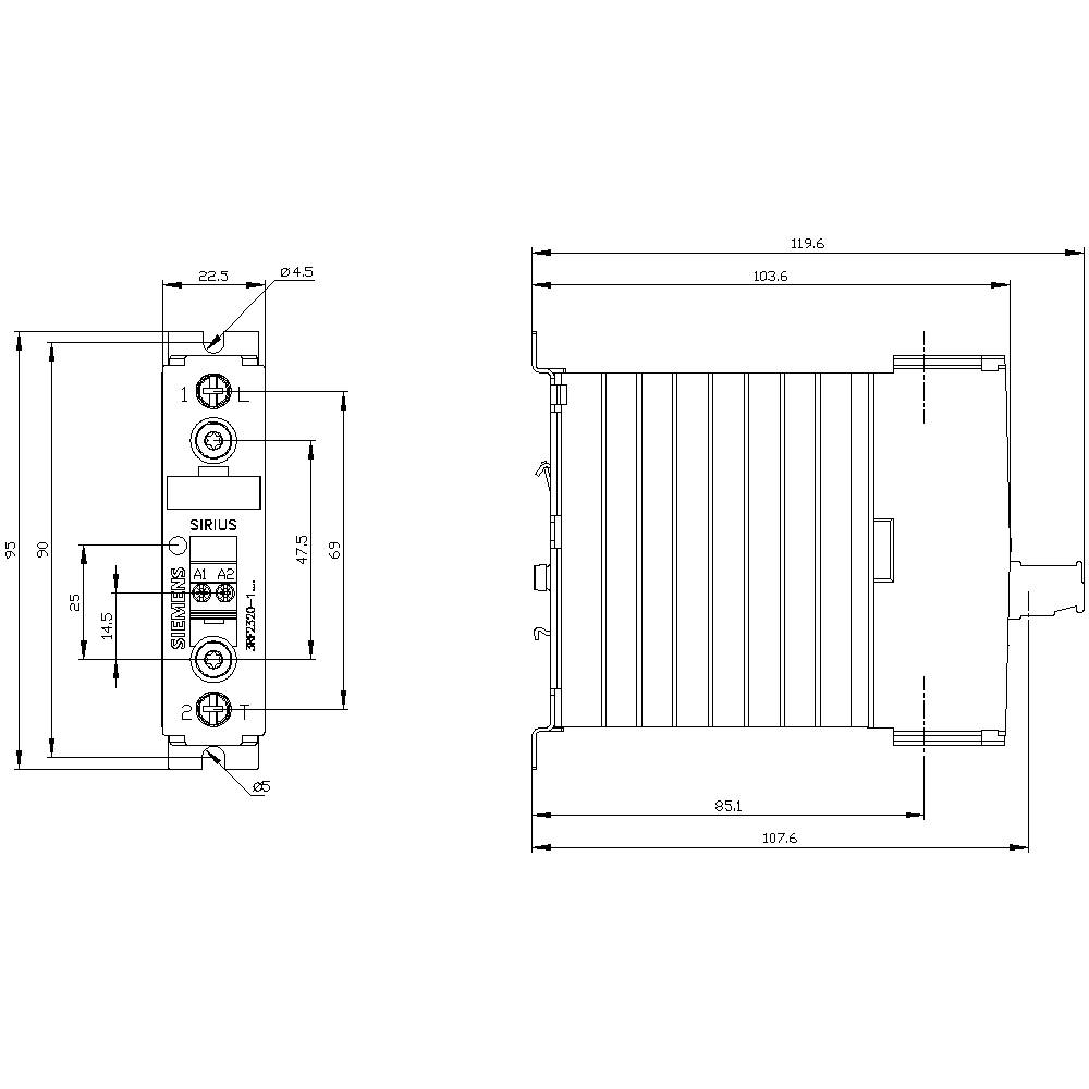 Dessin technique d'un appareil électrique de la marque SIRIUS, vue de face et vue latérale. Les dimensions et les raccordements sont représentés en détail.