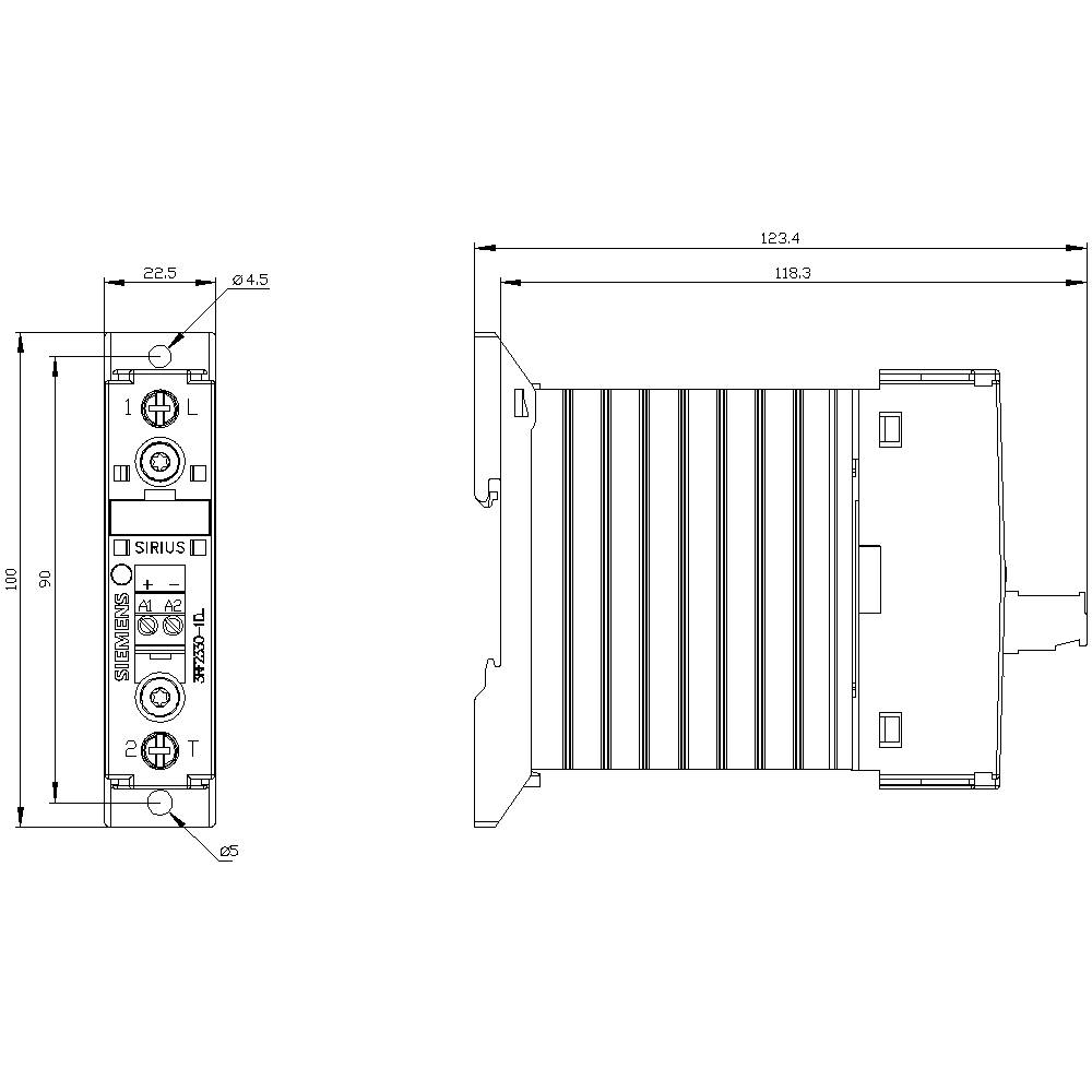 Dessin technique d'un composant électrique avec des dimensions en millimètres, montrant les vues de face et de côté ainsi que les points de fixation.
