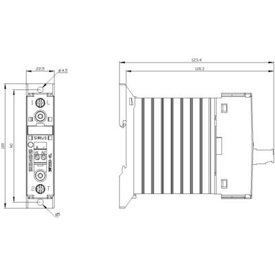 Dessin technique d'un composant électrique avec des dimensions en millimètres, montrant les vues de face et de côté ainsi que les points de fixation.