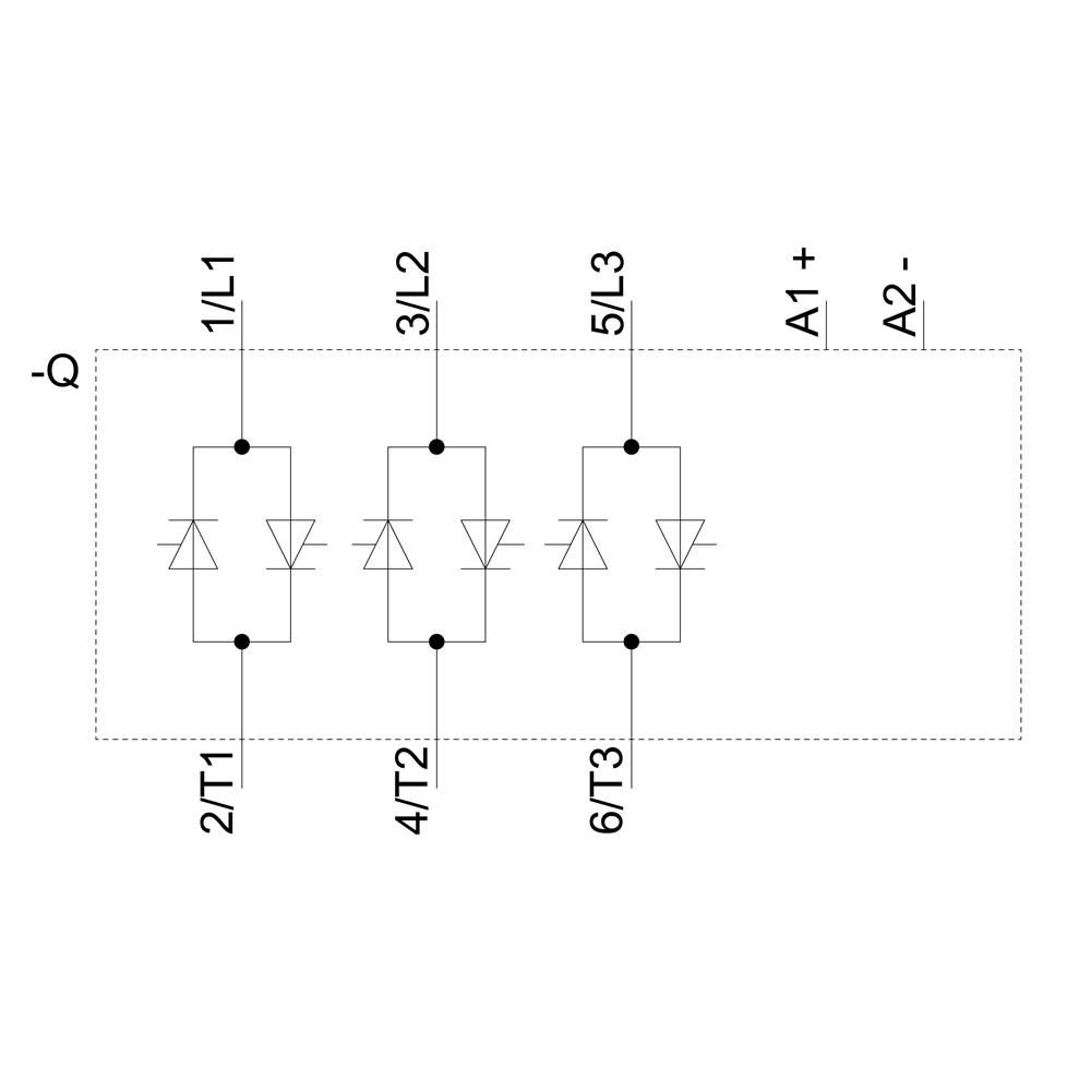 Schéma de principe d'un redresseur triphasé à six diodes, identifié avec L1, L2, L3, T1, T2, T3, et bornes A1, A2.