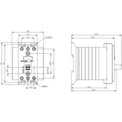 Dessin technique d'un appareil avec vue de face et vue latérale. Les dimensions sont indiquées, les vis centrales et les points de connexion sont visibles.