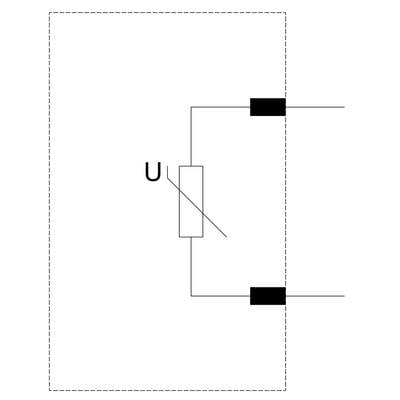 Schéma de circuit : Une batterie avec deux conducteurs parallèles, connectés à une résistance, symbolisée par le signe 'U'.
