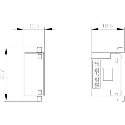Dessin technique d'un composant rectangulaire de Siemens, avec dimensions : 30,2 mm de hauteur, 11,5 mm de largeur sur le côté, 18,6 mm de largeur sur le devant.