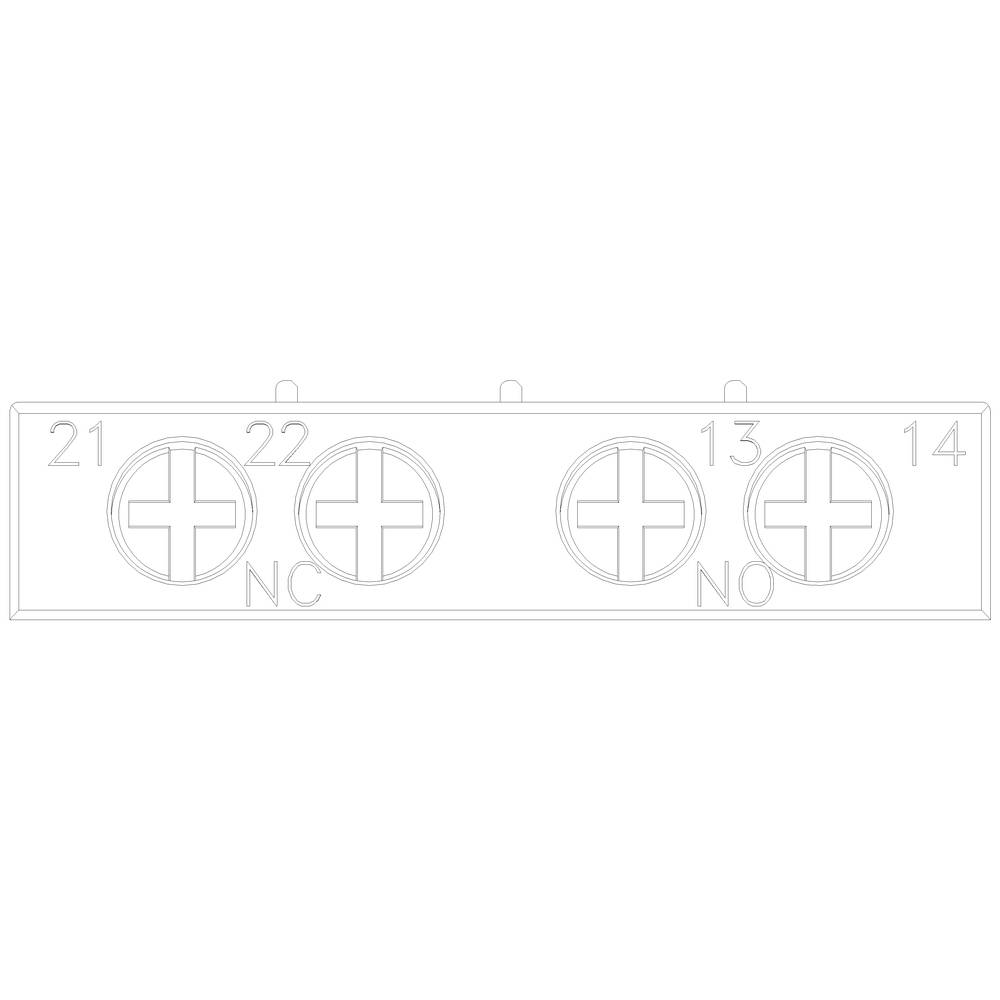 Un schéma de circuit rectangulaire montre une rangée de quatre fiches rondes avec les étiquettes '21', '22 NC', '13 NO' et '14'.