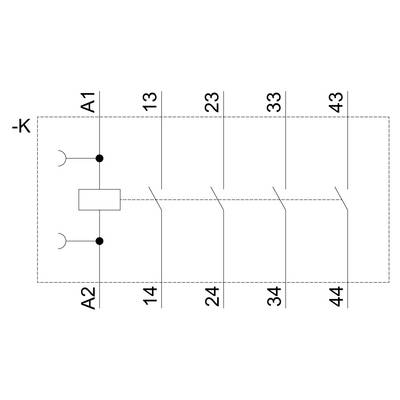 Un schéma de circuit d'un relais électrique à quatre contacts. Étiqueté avec 'K', 'A1', 'A2' et les numéros 13 à 44.