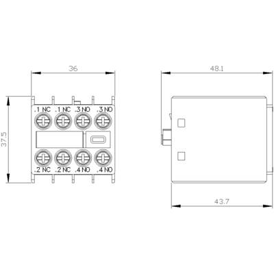 Dessin technique d'un relais électrique, présentant les vues de face et de côté avec l'étiquetage des bornes de connexion et les dimensions.