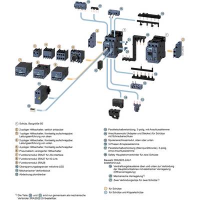 Éclaté d'un système de commutation avec des pièces numérotées. Présente un contacteur, un contact auxiliaire, un ensemble de câblage et un connecteur. Comprend des indications sur les connexions électriques et le fonctionnement.