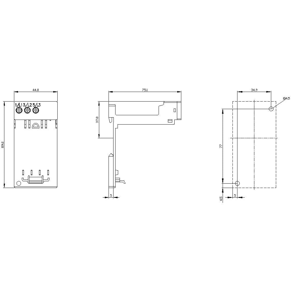 Dessin technique d'un composant avec trois vues, incluant les dimensions en millimètres. Représentation des vues de face, de côté et arrière.