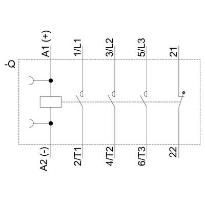 Schéma de câblage d'un appareil électrique avec contacts, bobine et interrupteur. Connexions vers A1 (+), A2 (-), 1/L1 à 6/T3 et 21, 22.
