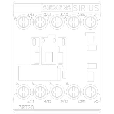 Contacteur Siemens SIRIUS, modèle 3RT20. Présente une vue détaillée des bornes et du layout du circuit sur la face avant.