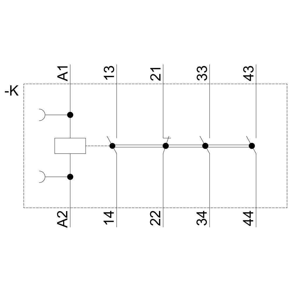 Schéma de câblage montre une logique de relais avec connexions de bobine A1 et A2, quatre paires de contacts entre 14-44. Diagramme de commande électrique.
