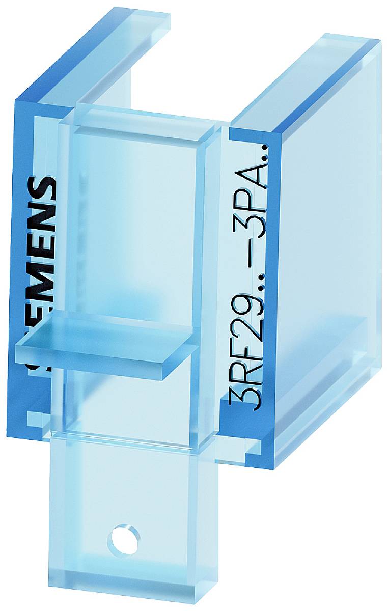Support transparent bleu en plastique portant l'inscription '3RF29..3PA' et 'SIEMENS', probablement destiné à des applications industrielles.