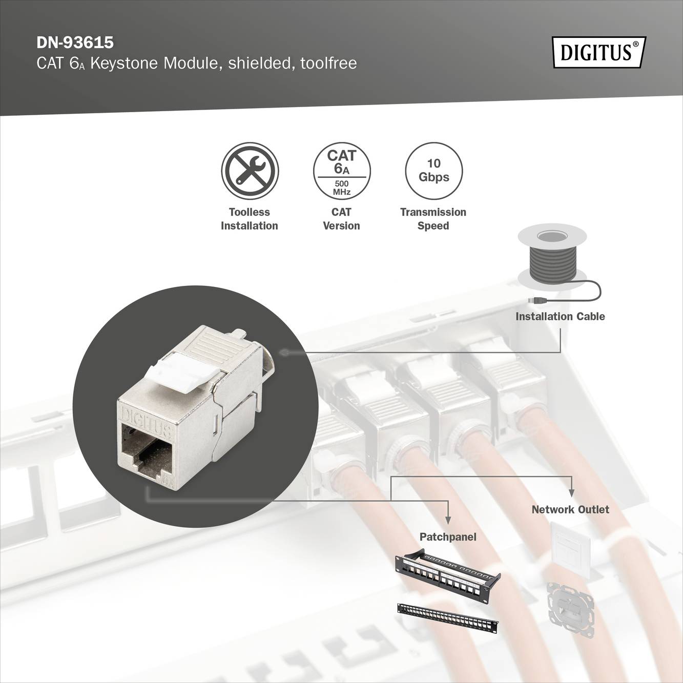 Module RJ45 encastrable Keystone Digitus DN-93615 CAT 6a-12