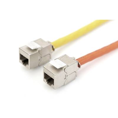 Deux câbles réseau, l'un jaune et l'autre rouge, avec des connecteurs sur un fond blanc.