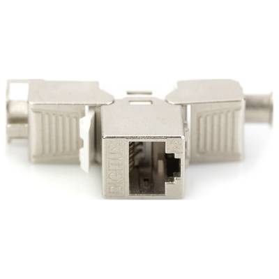 Adaptateur réseau métallique avec connecteur RJ45 au centre, adapté pour les connexions Ethernet. L'adaptateur porte l'inscription 'DIGITUS'.