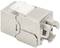 Un module métallique de câblage réseau, avec un levier blanc en haut. C'est un connecteur Keystone pour les connexions Ethernet.