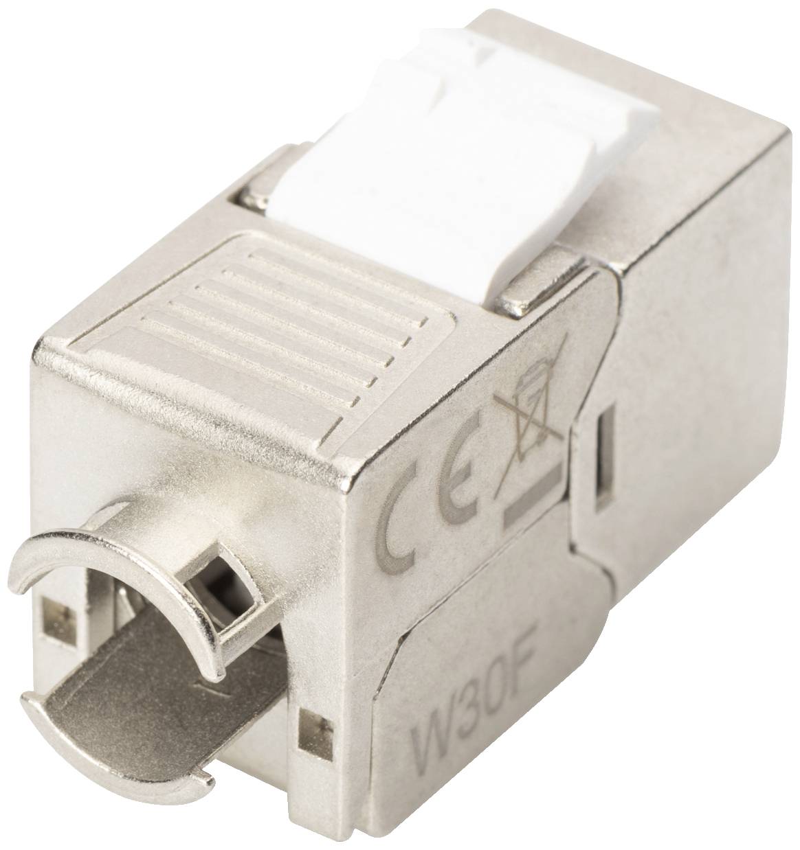 Un adaptateur de connexion réseau argenté avec marquage CE.