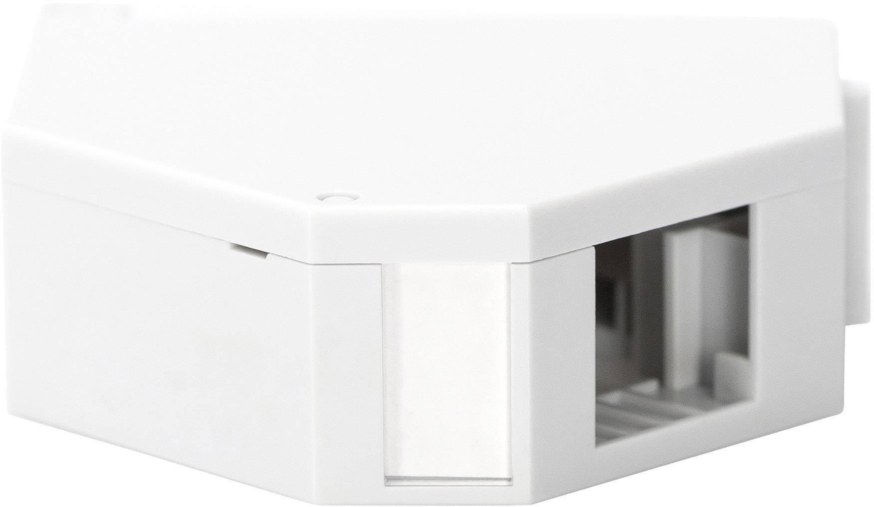 Prise réseau blanche avec une connexion Ethernet, vue de côté. Idéale pour une installation murale dans les câblages réseau de bureaux.