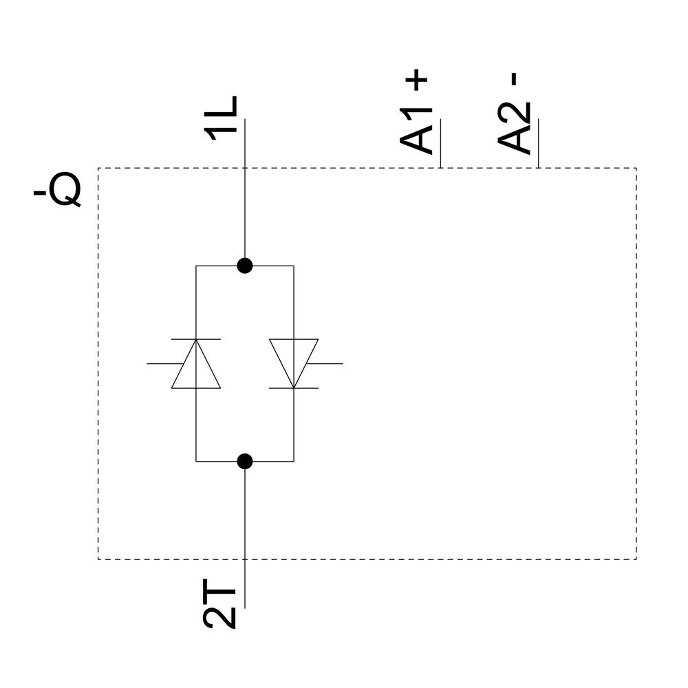 Symbole schématique d'un thyristor avec des symboles pour l'anode (A1+), la cathode (A2-) et la gâchette (Q) dans un cadre rectangulaire.