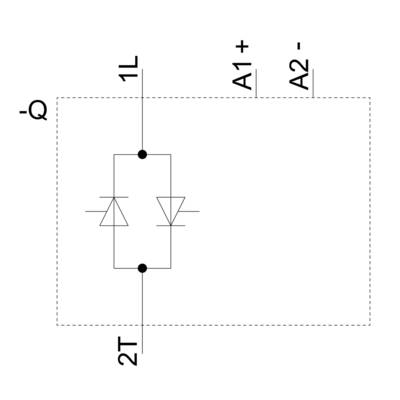 Symbole schématique d'un thyristor avec des symboles pour l'anode (A1+), la cathode (A2-) et la gâchette (Q) dans un cadre rectangulaire.