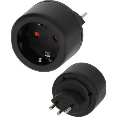Adaptateur de prise noire avec fiche à broches rondes européennes et prise d'alimentation frontale, présenté sous deux angles sur fond blanc.
