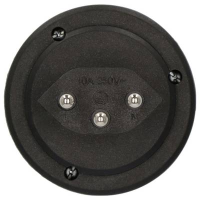 Réceptacle de connecteur électrique noir rond étiqueté « 10A 250V » avec trois bornes métalliques et vis de montage.