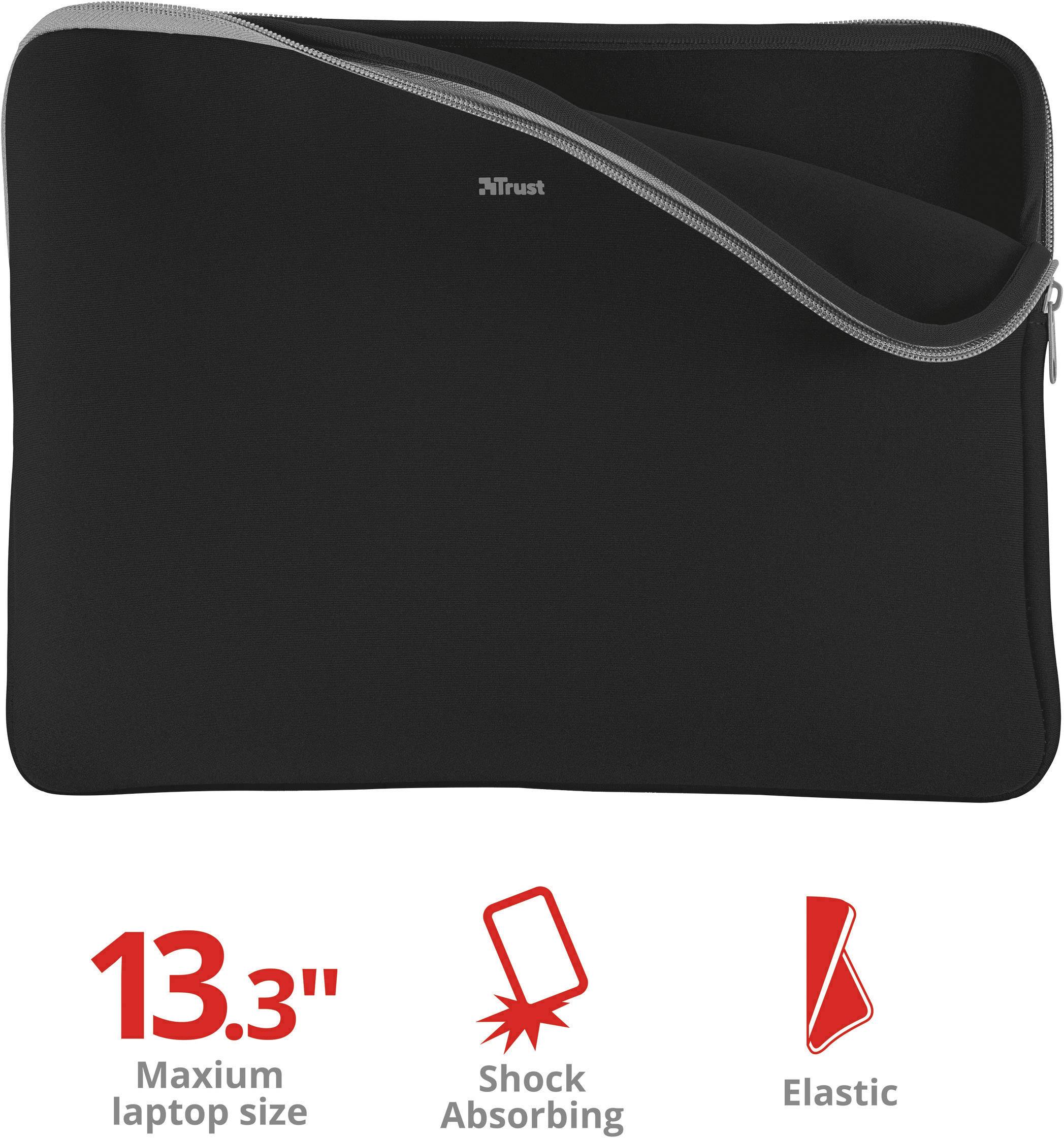 Pochette noire pour ordinateur portable de Trust avec fermeture éclair grise. Adaptée aux ordinateurs portables de 13,3 pouces, amortissante et élastique.