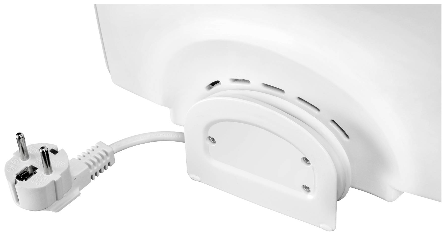 Fiche d'un appareil électrique blanc avec un couvercle ovale et des fentes de ventilation en arrière-plan.