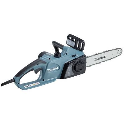 Tronçonneuse électrique avec boîtier bleu, guide et chaîne, et une poignée. Marque : 'Makita'.