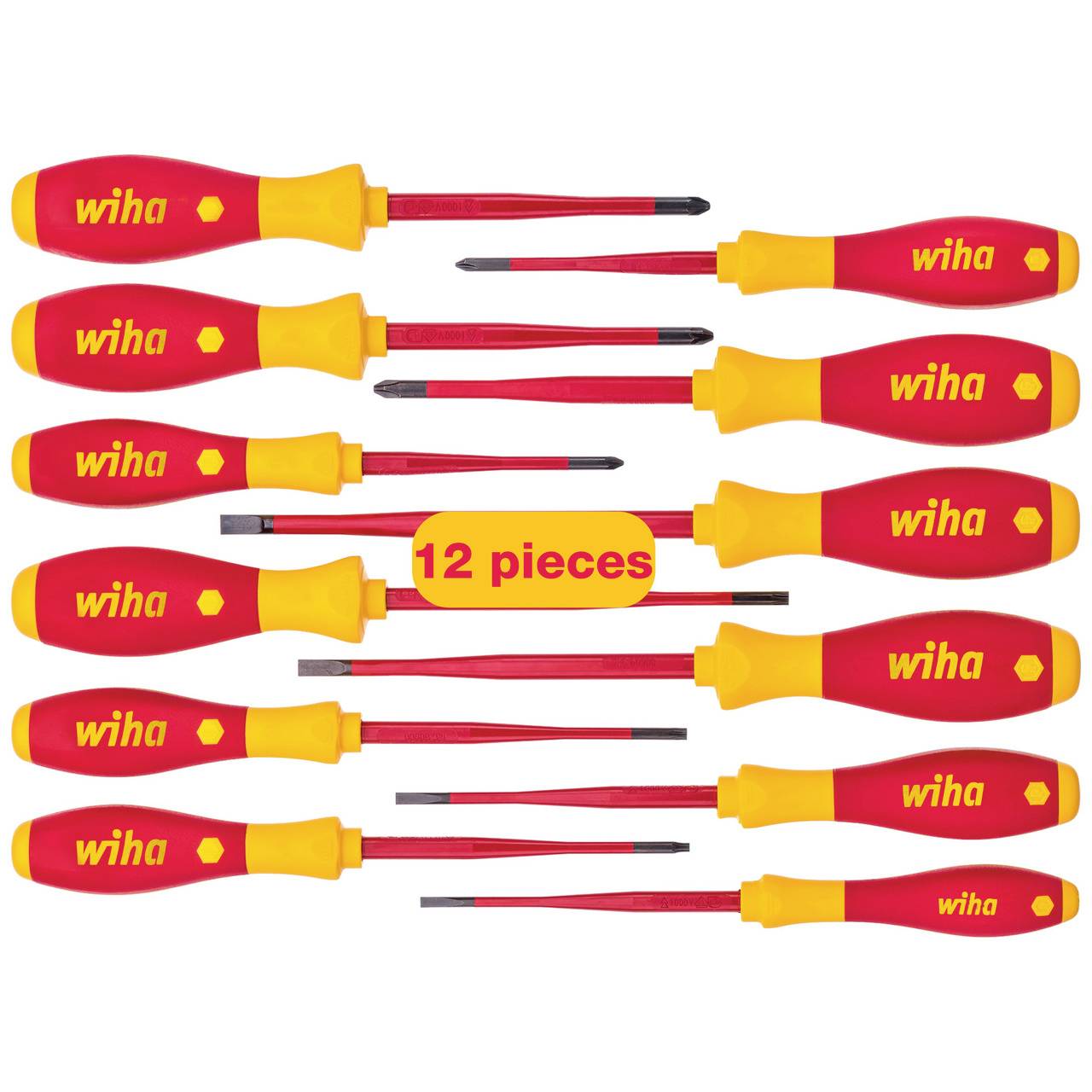 Ensemble de 12 tournevis avec manches rouges et touches jaunes de la marque 'Wiha', disposés en deux rangées.