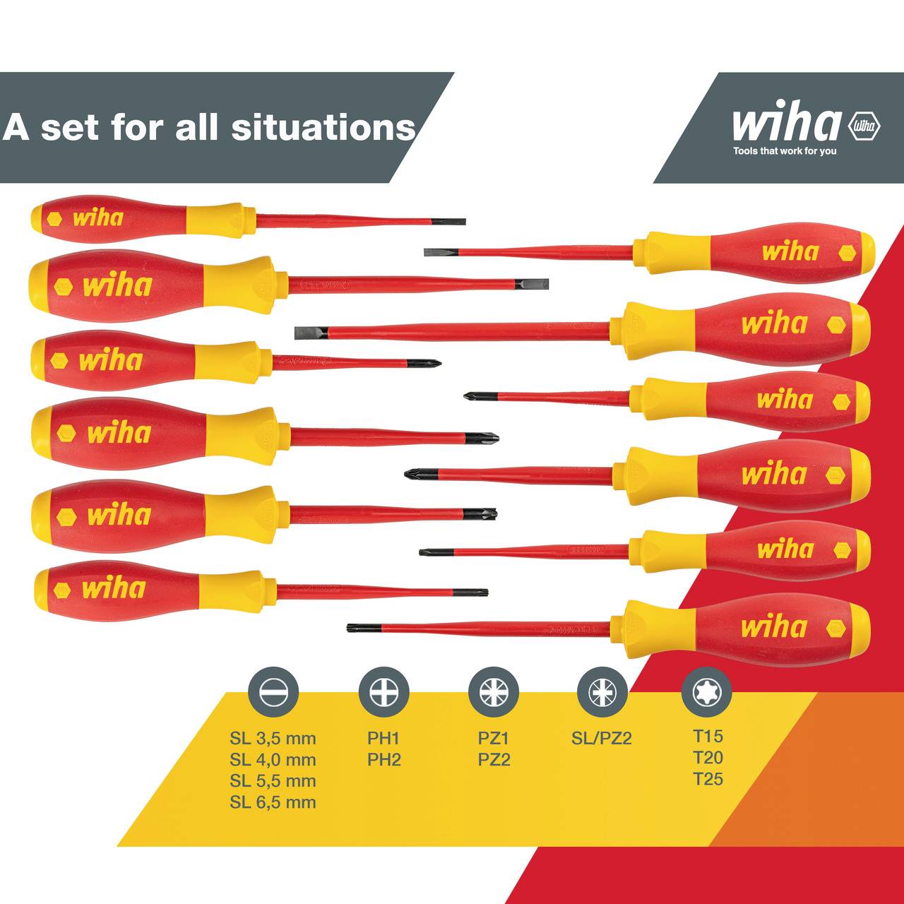 Un ensemble de tournevis comprenant dix tournevis de différentes tailles, avec des poignées jaune et rouge, posés sur un fond gris, avec le logo de marque 'Wiha'.