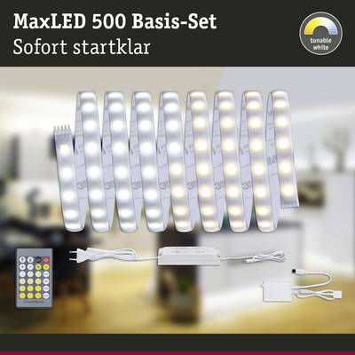 Ensemble de base MaxLED 500 avec bande LED, télécommande et alimentation. Texte : 'Prêt à l'emploi immédiatement'. Fonction Tunable White illustrée.